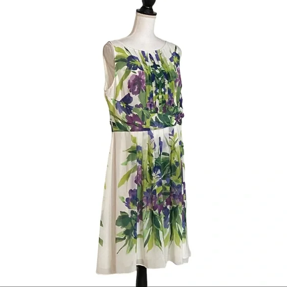 Ralph Lauren Sleeveless Pleated Fit & Flare Floral Dress SZ 14 White Multicolor - Picture 3 of 10